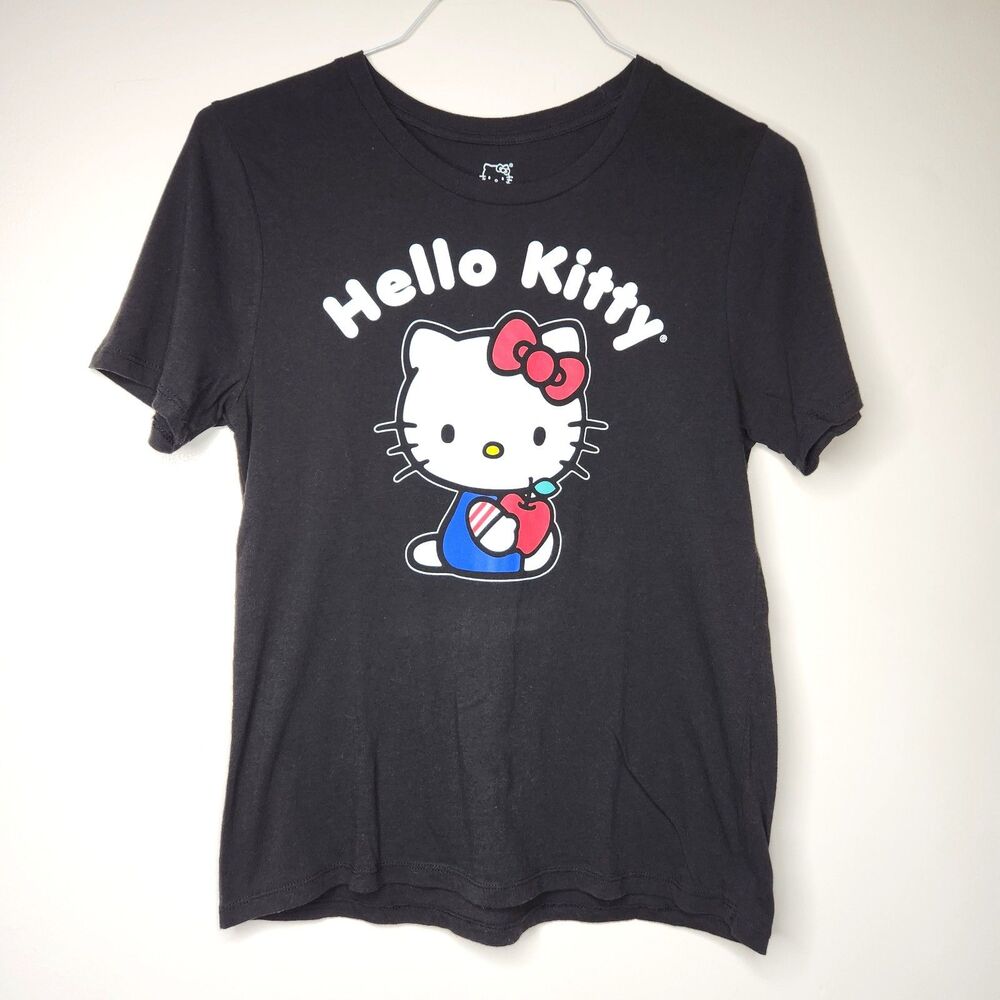 Hello Kitty Black Graphic Tee Shirt Sanrio 2022 Apple Print Size S or Junior 7-9